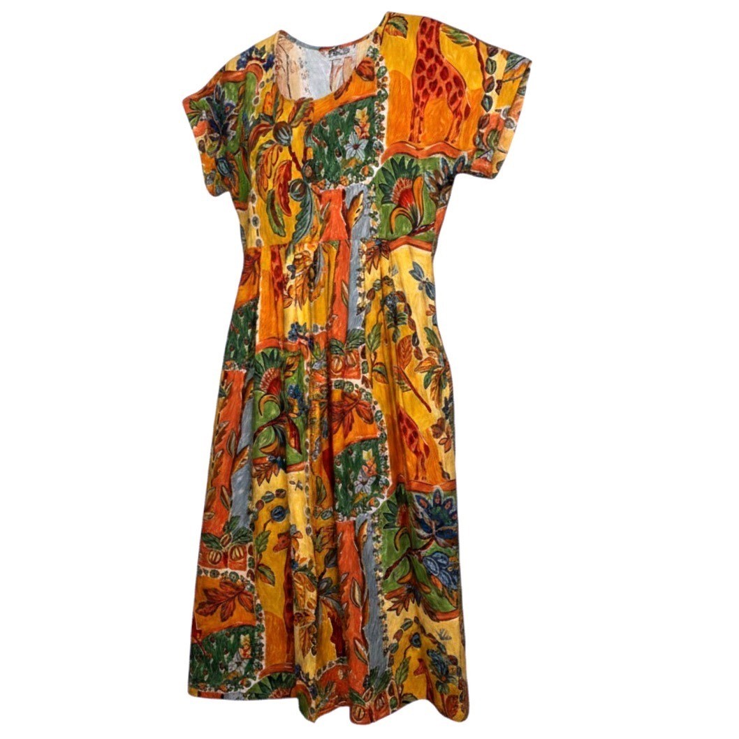 Vintage Walk of the Bay Safari Giraffe Print Cotton Midi Dress Yellow Large USA