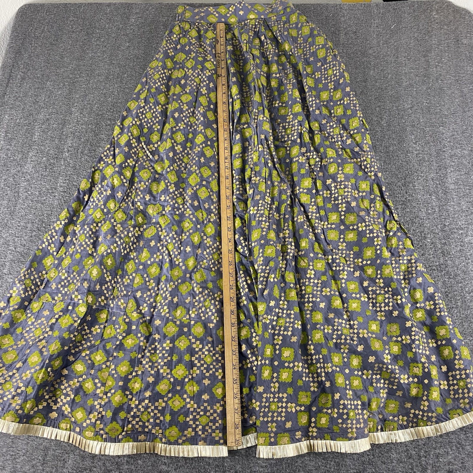 Vintage 50s Brocade Circle Skirt Floral Metallic Blue Green Full Sweep S/M