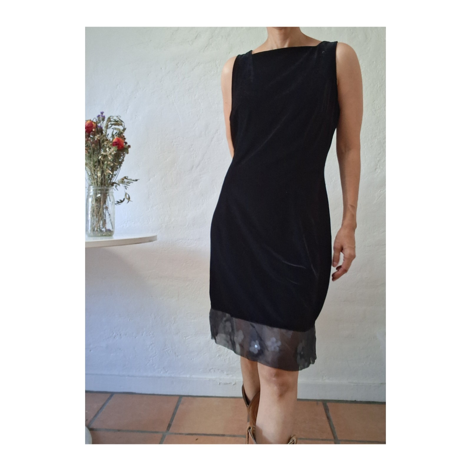 Molly Malloy Vintage 90s Black Velvet Shift Dress Sheer Rhinestone Floral Hem 10
