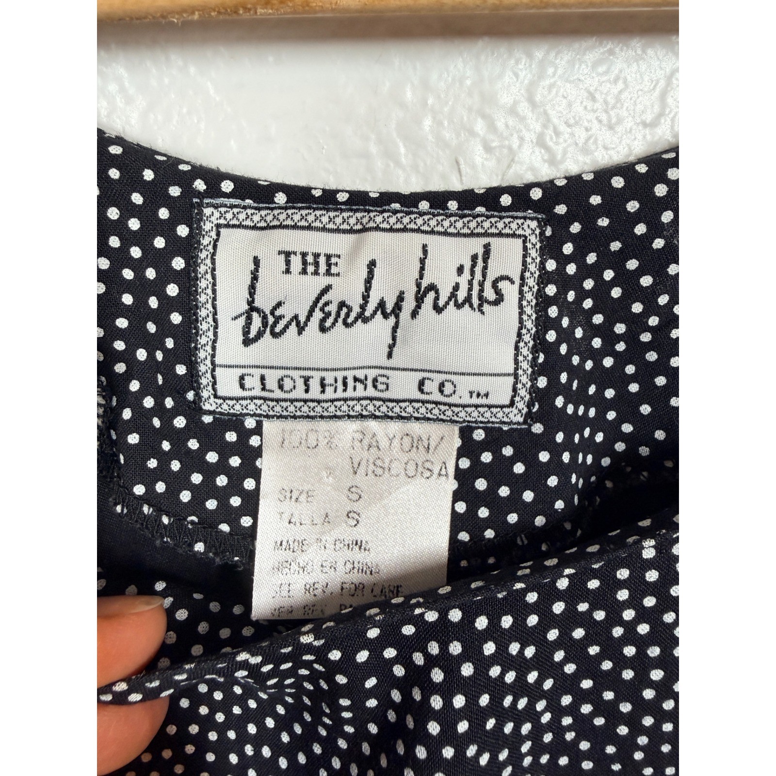 Retro 90’s A-Line Dress Womens S Black Polka Dot Midi Rayon Vintage