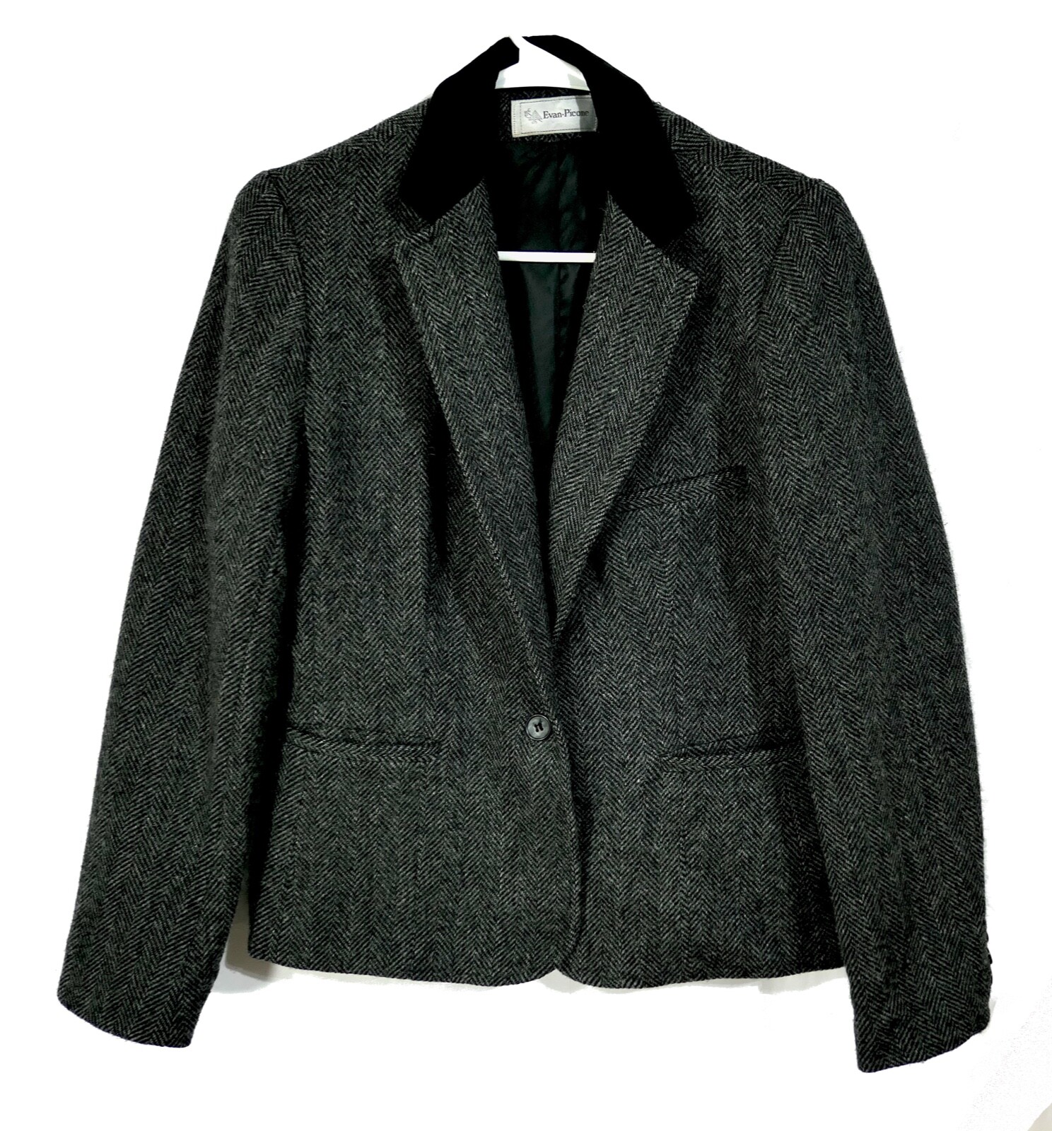 Vintage Evan Picone Tailored Herringbone Wool Blazer Jacket Velvet Collar S