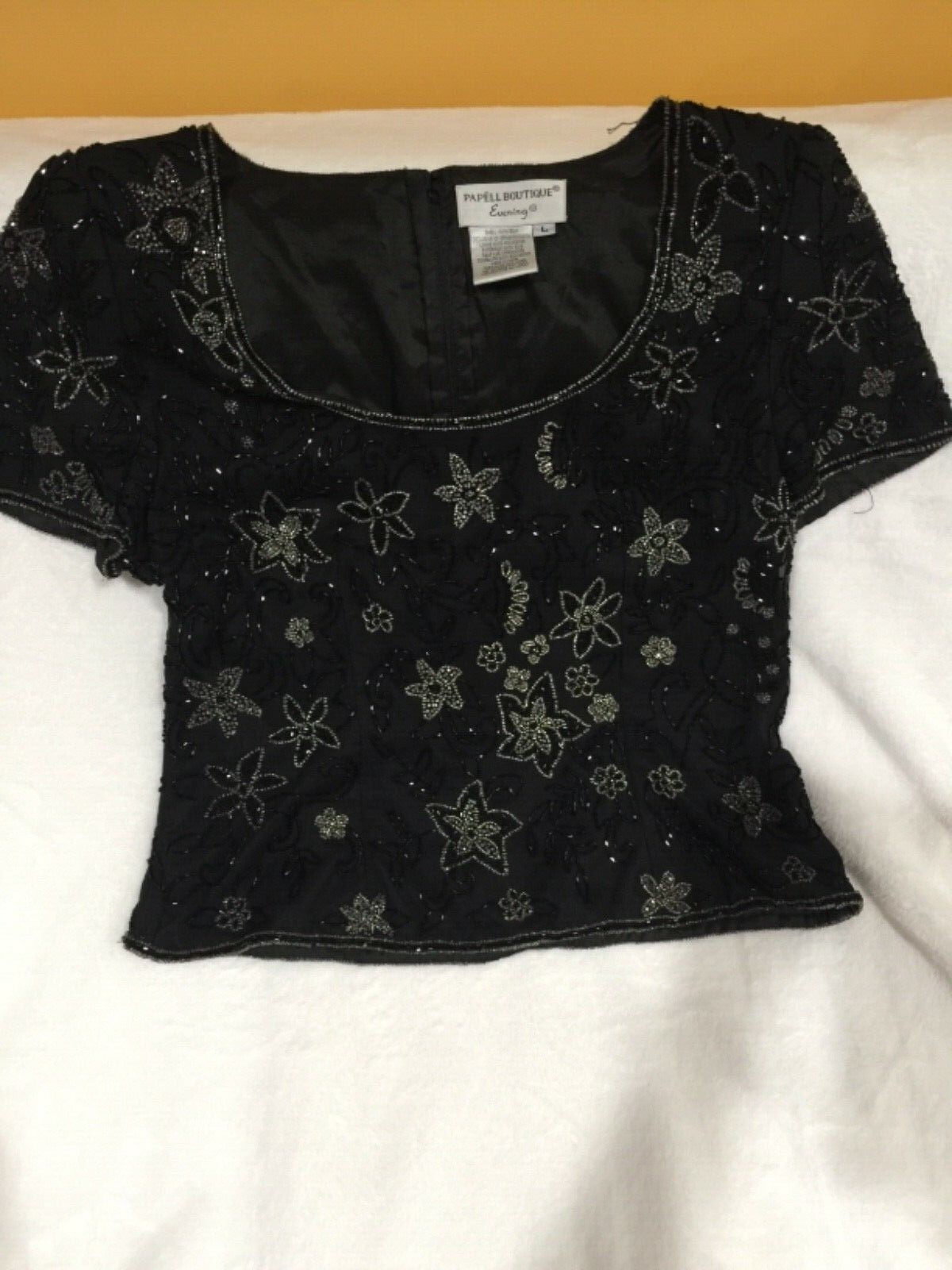 Ladies vintage Papell Boutique Evening black silk top beaded floral pattern L