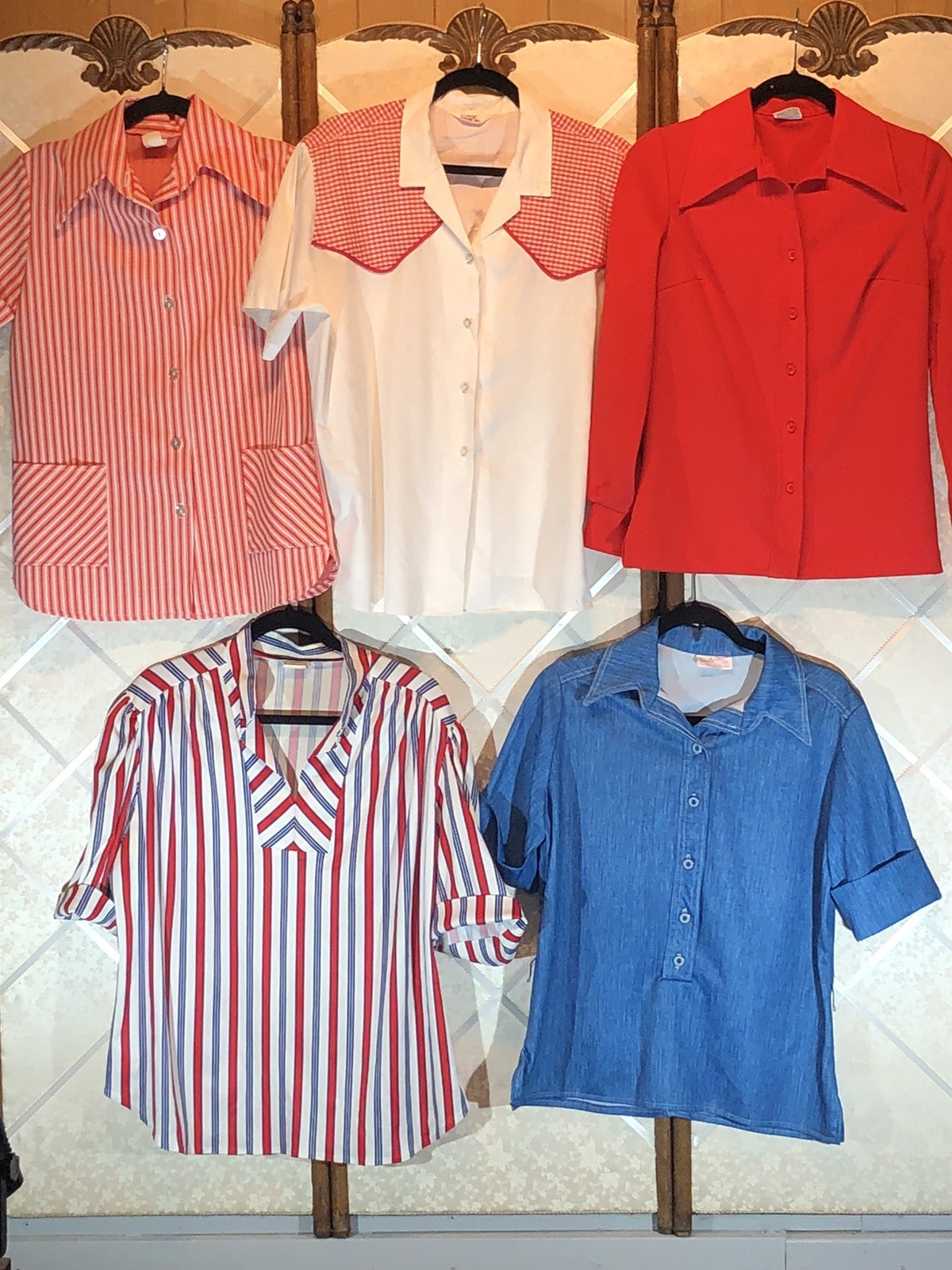 Vtg 70’s Red White Blue Summer Holiday Blouse/Tops Bundle Of Five~Assorted Sizes
