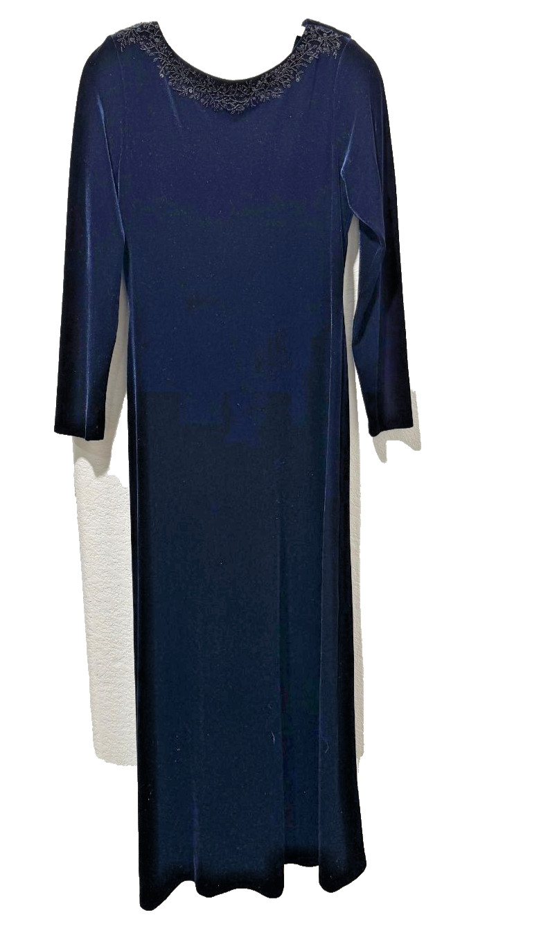 90s Midnight Blue Velvet Maxi Dress Evening Beaded Drape Back 8 Lawrence Kurtz