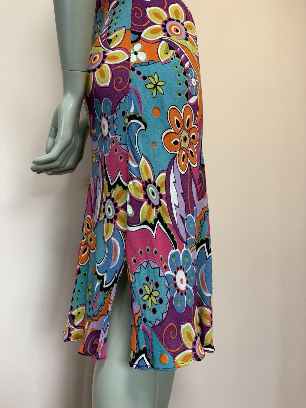 Vintage 90s Angie Psychedelic Bias Cut Rayon Floral fairy India Midi Dress S