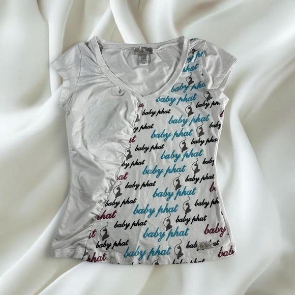 Baby Phat teal white logo graphic short sleeve top Y2K vintage mcbling