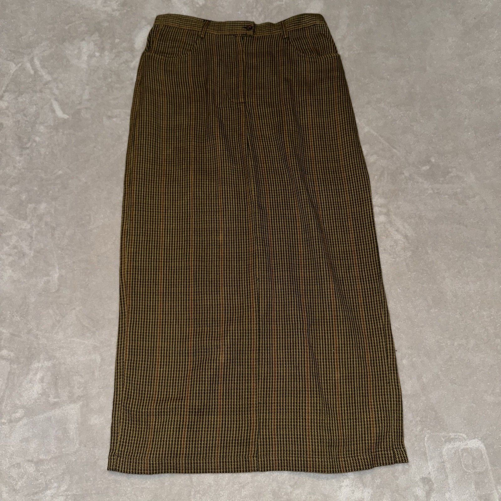 British Khaki Maxi Skirt Size 10 100% Cotton India Houndstooth Academia Prairie