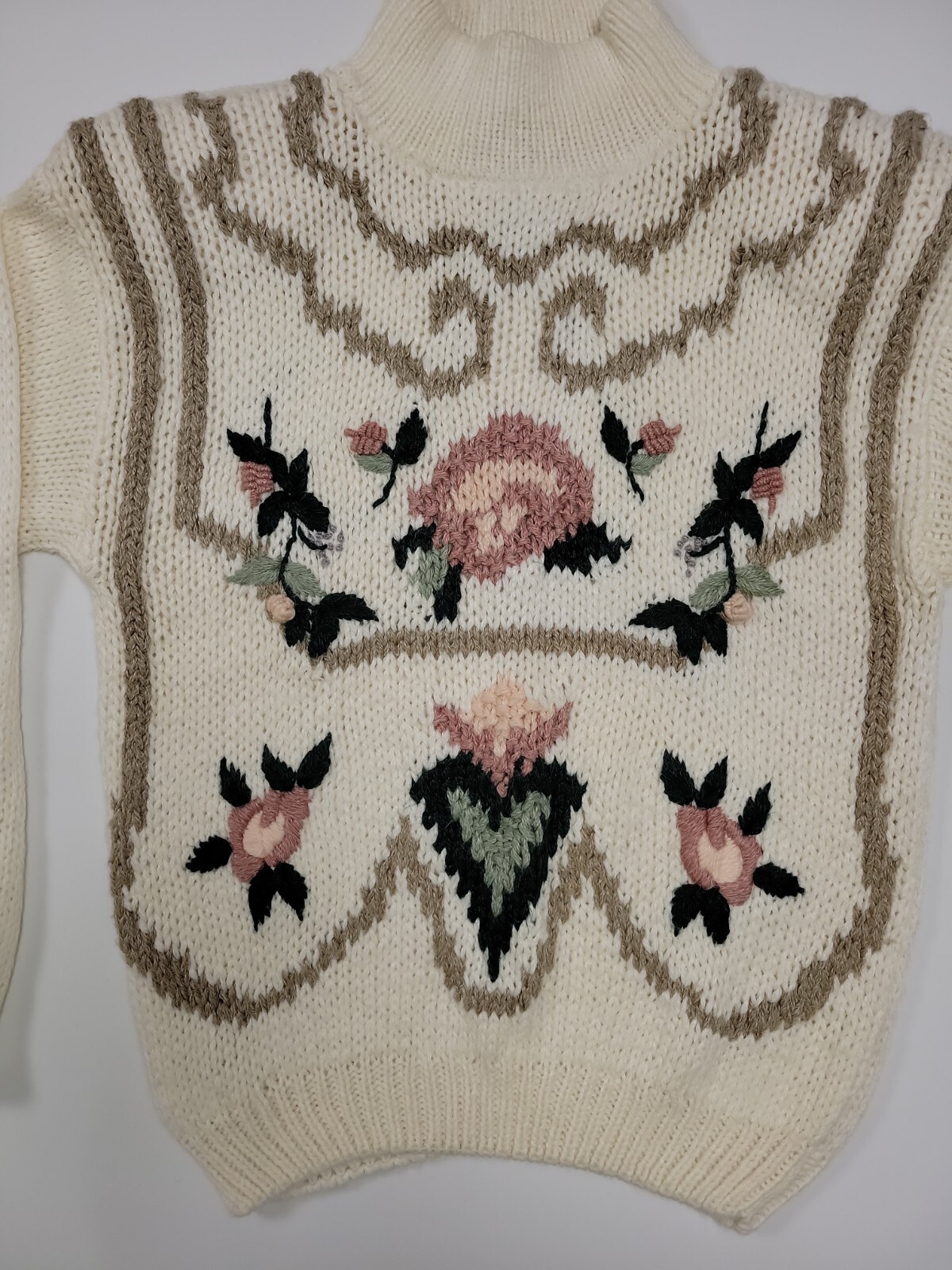80s 90s Vintage Jamie Scott Tan Knit Floral Cottagecore Sweater Cardigan Women M