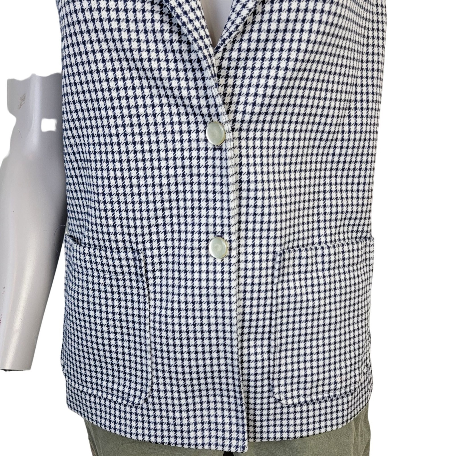 Vintage 70s Vest Jacket Women Medium 8 10 White Blue Top Collar Gingham Retro M