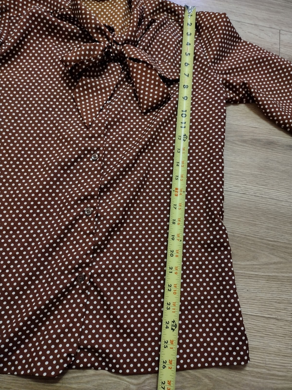 Vintage Womens 14T Sears Fashion Place Brown Polka Dot Tie Blouse Shirt Top VTG