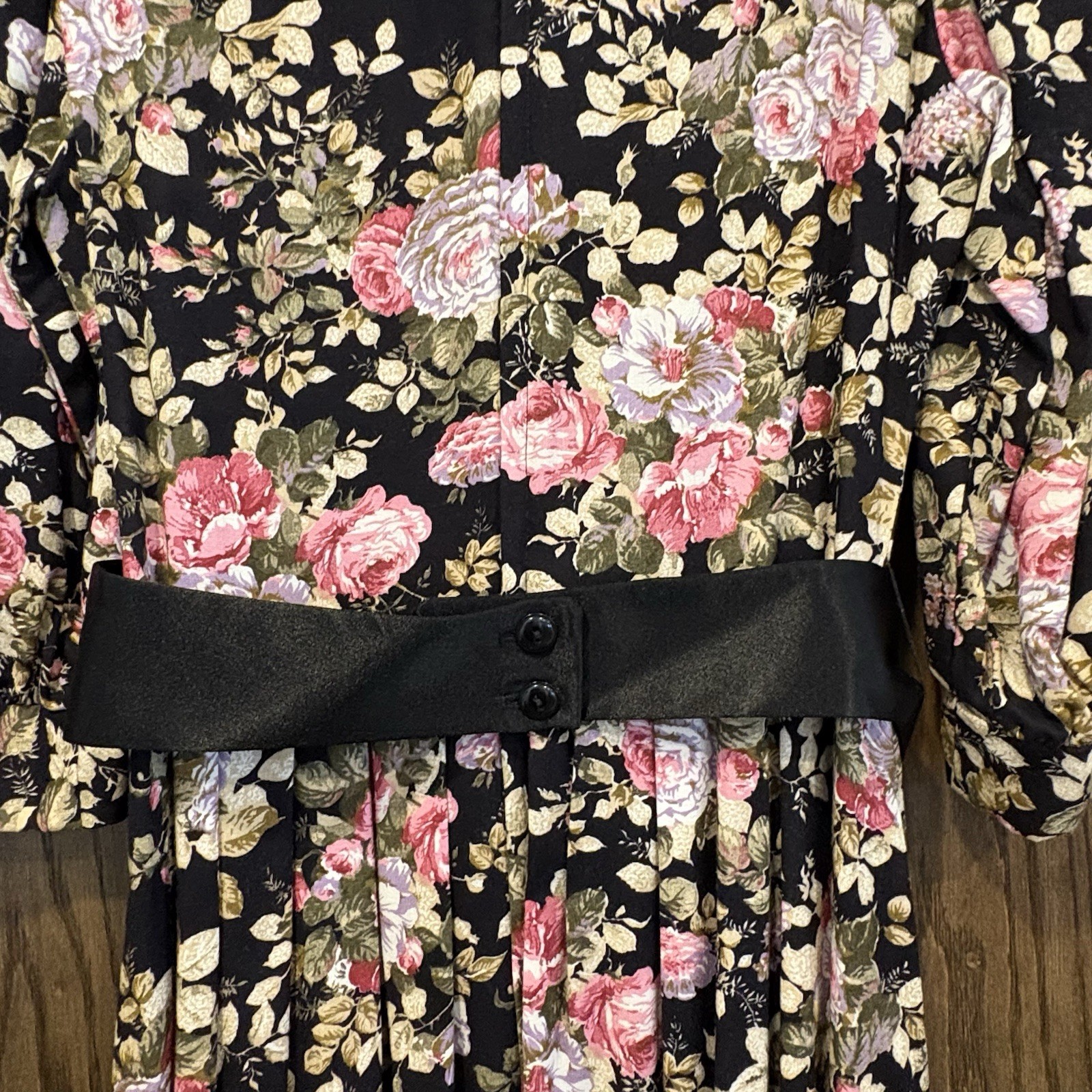 VTG Lanz 6 Petite Pink/Olive Floral On Black Midi Tea Dress W/Belt Full Puffy