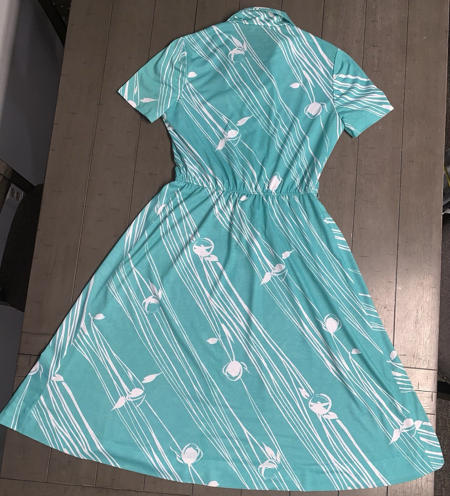 A7 VTG 80s R&K ORIGINALS TROPICAL FLORAL AQUA/WHITE SHIRT DRESS 7/8 ROCKABILLY