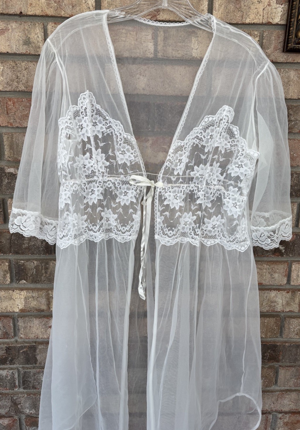 Vtg Taryn Alexander White Bridal Chiffon Lace Peignoir Nylon Nightgown Robe M