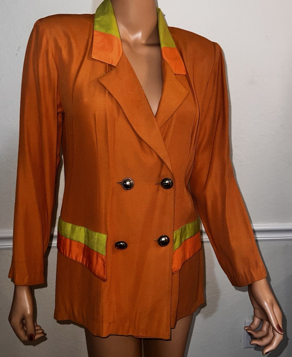 Vintage 80s Colorblock 100% Rayon Fitted Orange & Chartreuse Green Blazer M