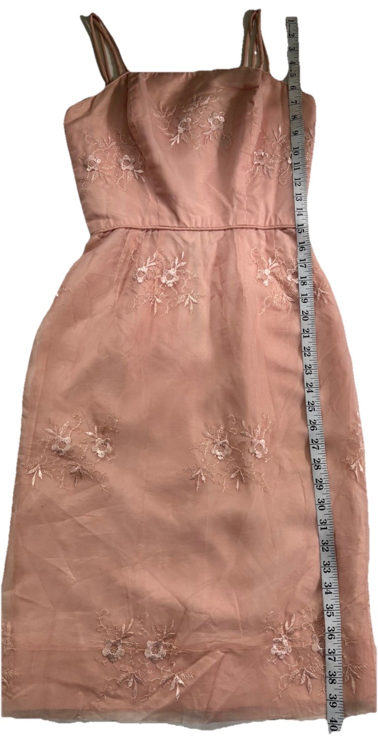 Vintage Pink Embroidered Organza Wiggle Dress Pin-Up Tiki Rockabilly XS Flawed