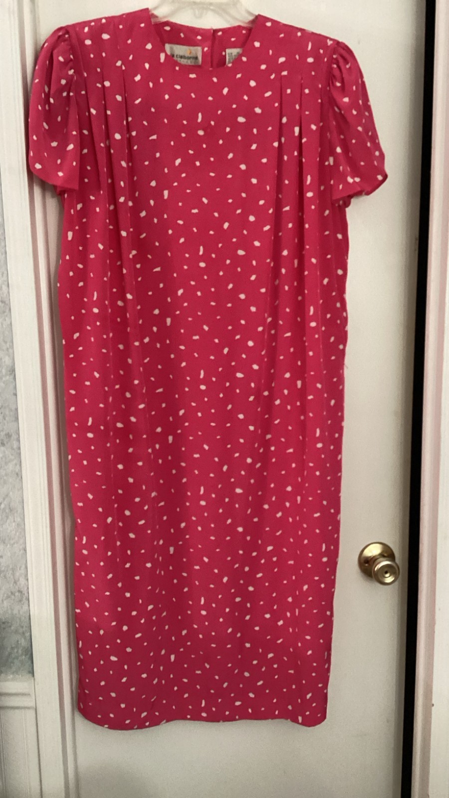 Vintage 1980s Liz Claiborne Pink Polka Dot Midi Dress Short Sleeve Retro