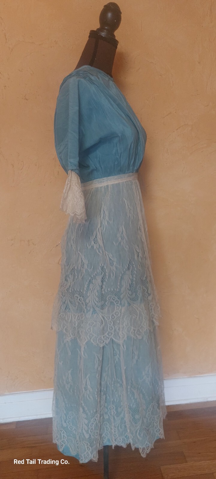 Beautiful Edwardian Teal Silk Dress W/ Intricate Lace Overlay And Sleeves Sm