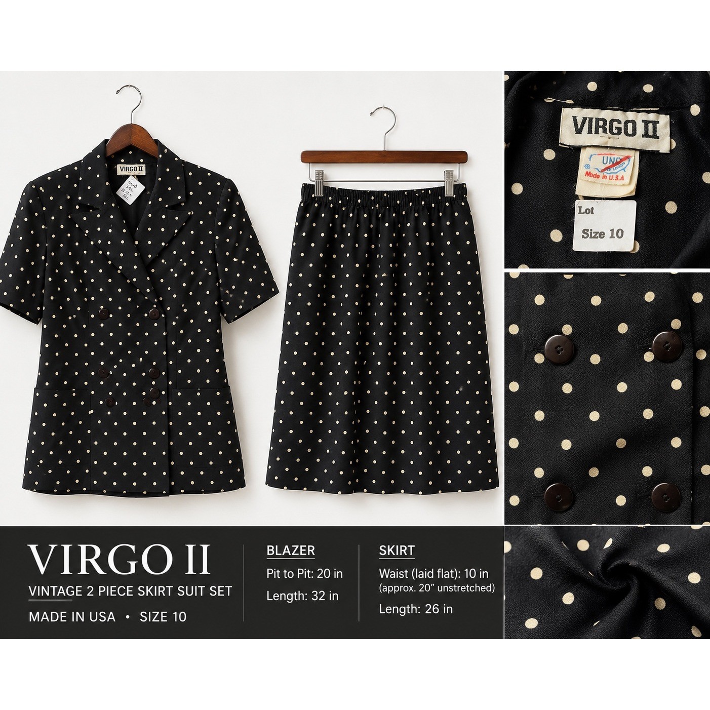 Vintage Virgo 2 Piece Skirt Suit Set Black Polka Dot Short Sleeve Blazer Sz 10
