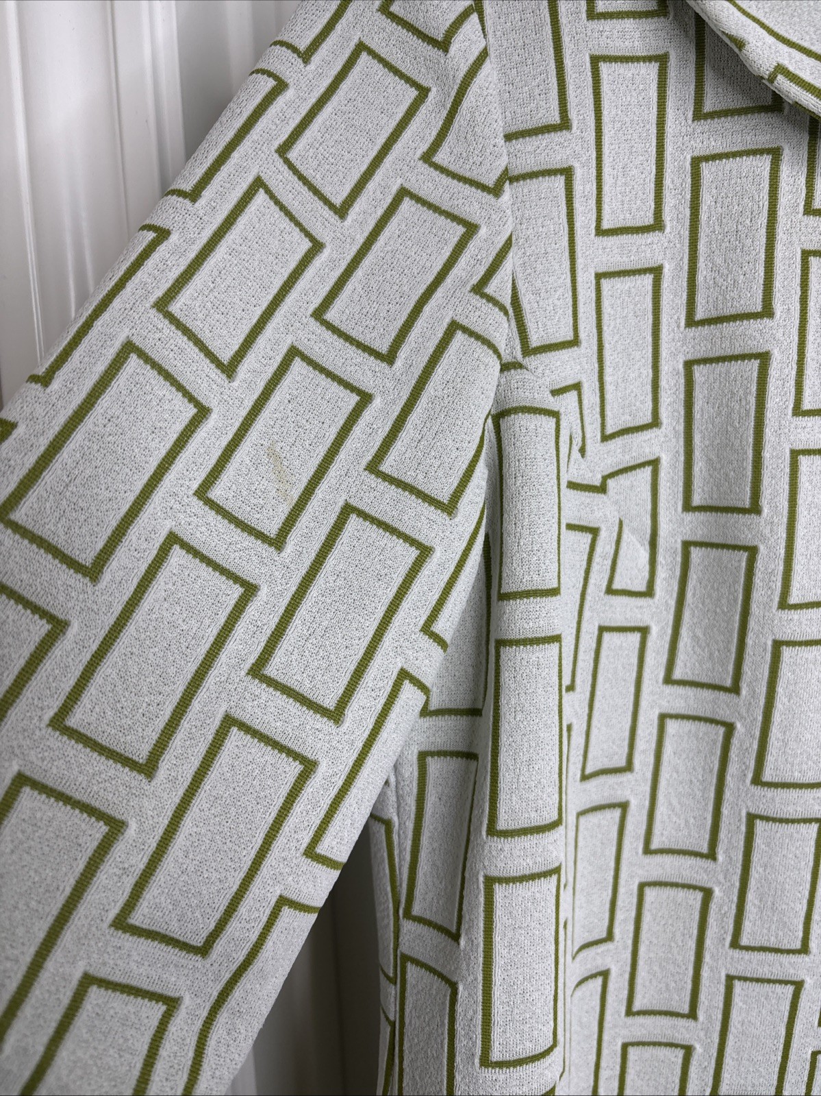 Vintage Structured Shift Dress, 3/4 Sleeve, Mod Print Cream And Green Size Small