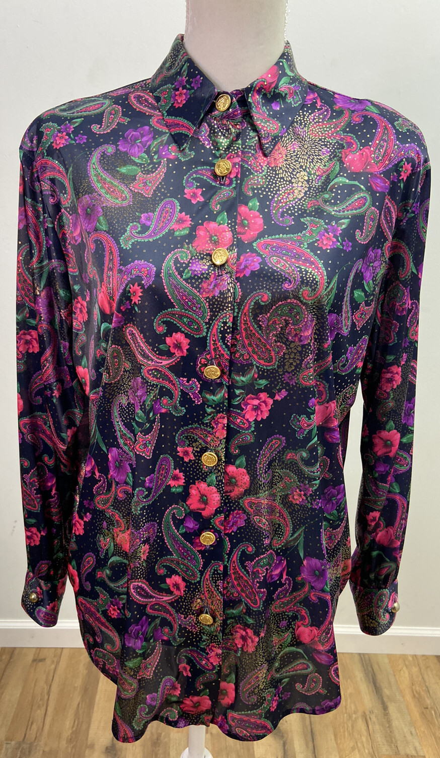 Vintage Silver Threads Multi-Color Floral Paisley Shiny Button Shirt Size Medium