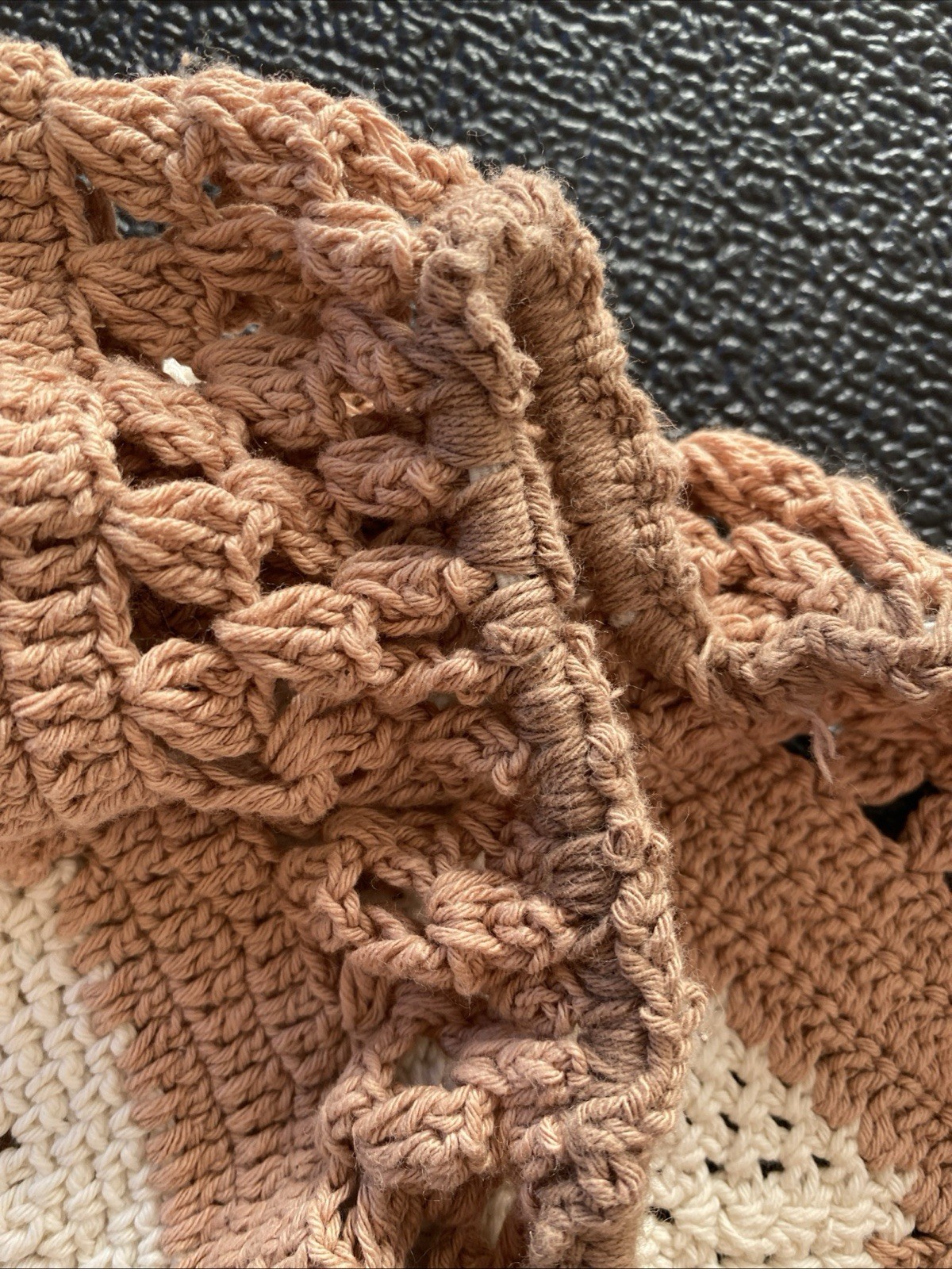 Vintage 60s 70s White And Light Brown/Beige Hand Crocheted Small