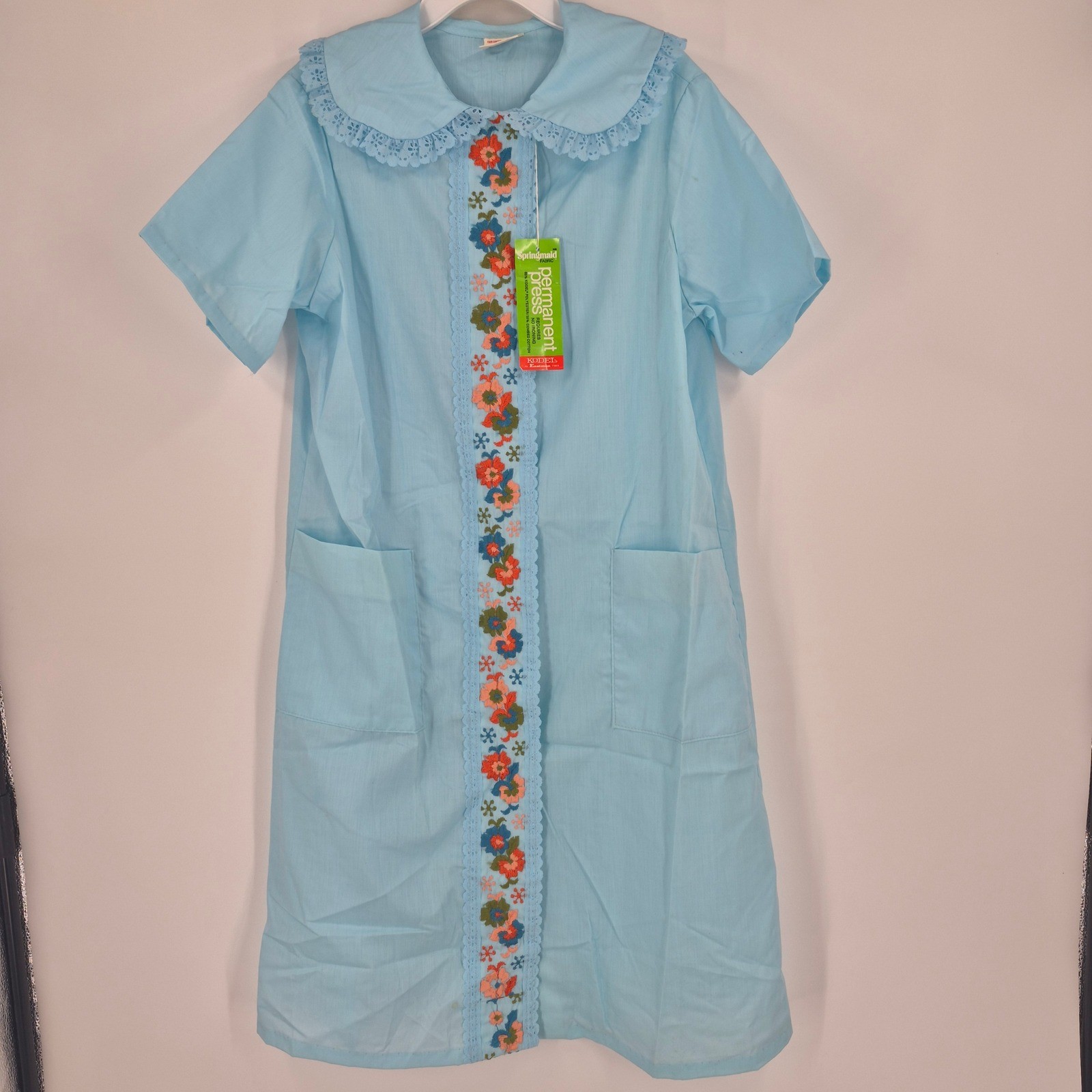 Vintage Springmaid Blue Floral Embroidered Snap Front House Dress Duster NWT L