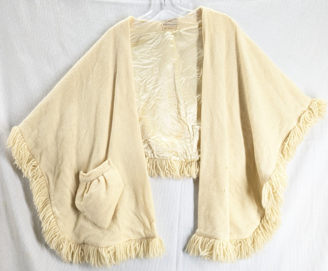 Vintage Farnsworth Wool Cape Poncho Fringe Cream 40s 50s Project Cutter As Is