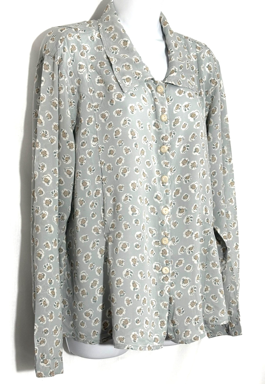 FLAX SOFT GREEN PRINT BLOUSE, MARKED SMALL BUT FITS LARGE , VINTAGE 1980’S