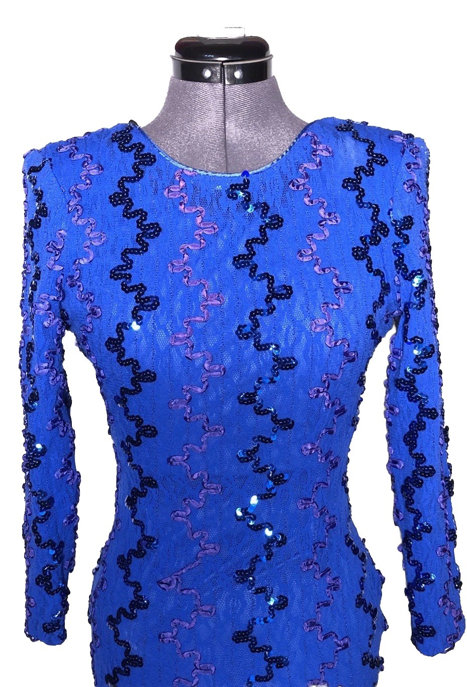 Vtg 90s Dress Blue Sequin Body Con Cocktail Evening Date Ribbon Lace Sequins S