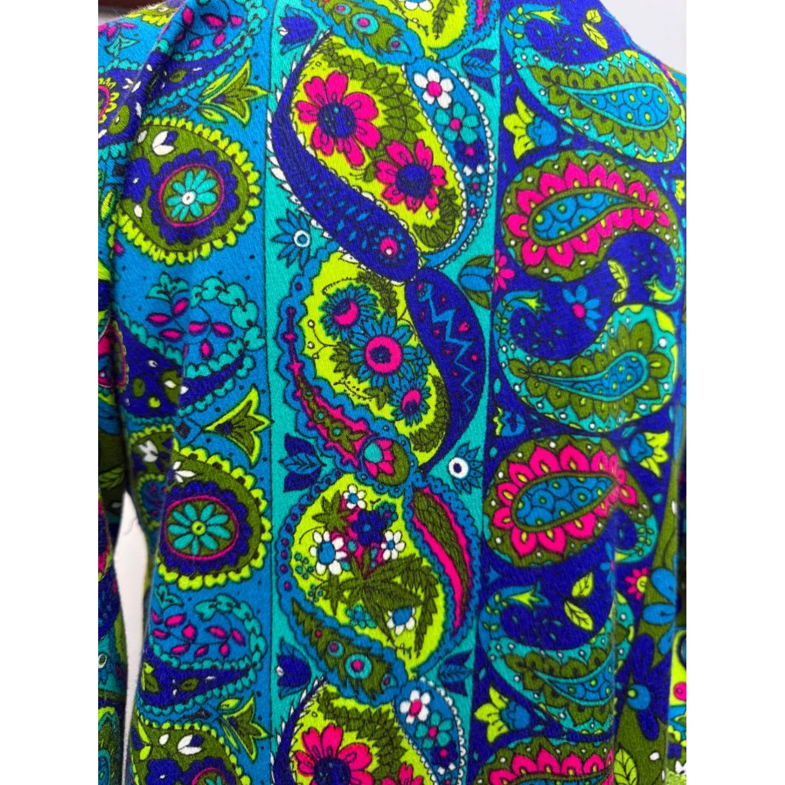 Vintage 60s Psychedelic Paisley Maxi Kaftan Dress Size S Blue Green Pom Pom Trim