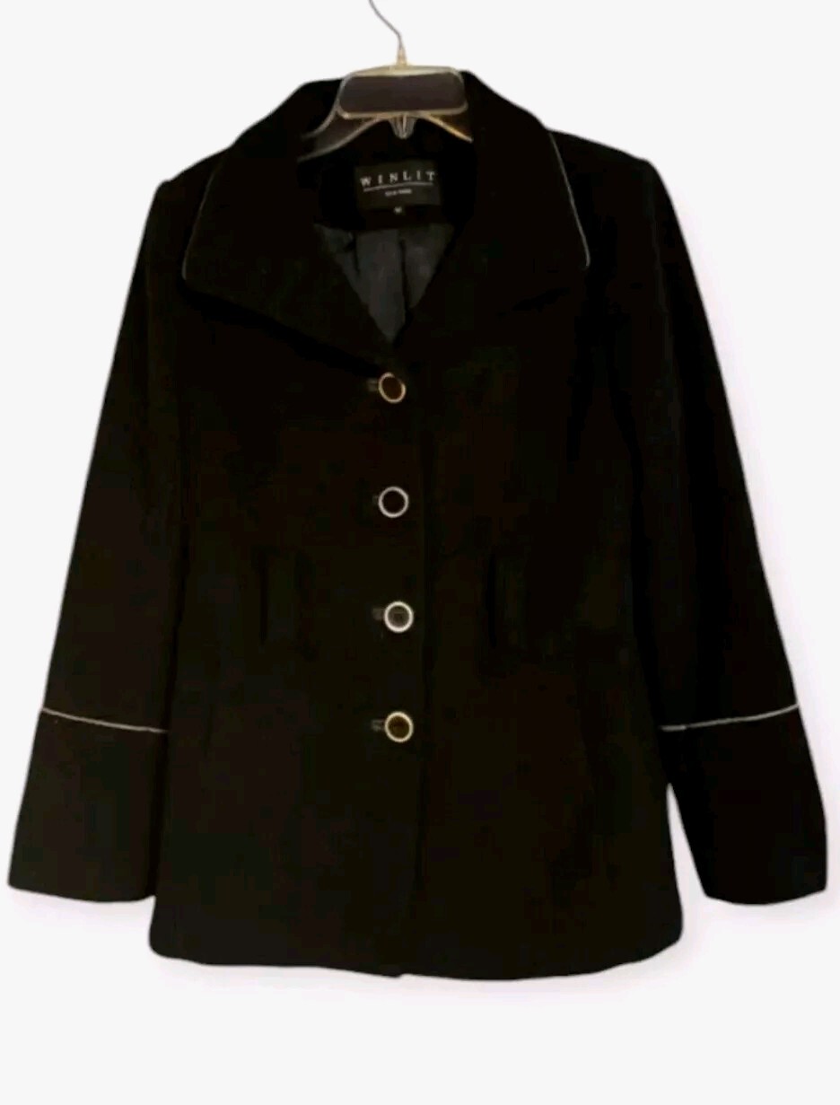 Winlit New York Women’s Wool Blend Pea Coat Black, Lined, Gray Trim M FLAWS