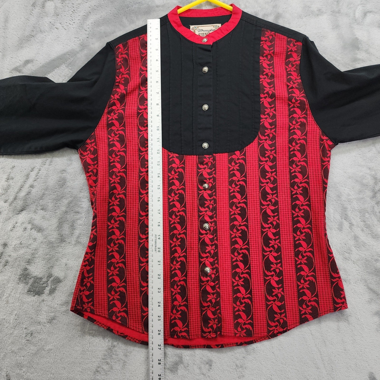Vintage 80s Wrangler Silver Lake Top Womens M Red Black Long Sleeve Western