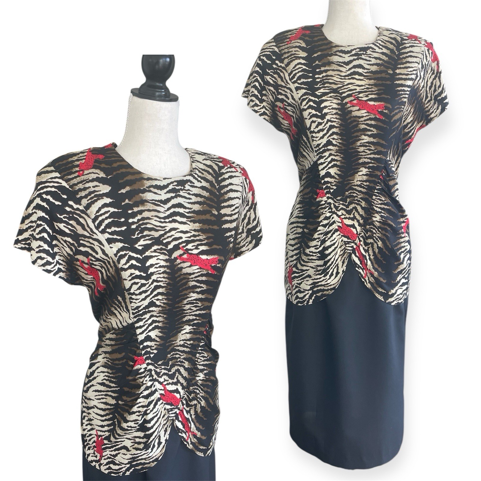 Vintage 80s Does 40s Animal Print Justine Peplum Career Girl Dress Midi Size 4 6