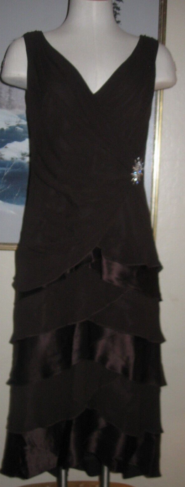 Tadashi Silk Cocktail dress Mocha mermaid hem ruffles Rhinestone Brooch wispy 6