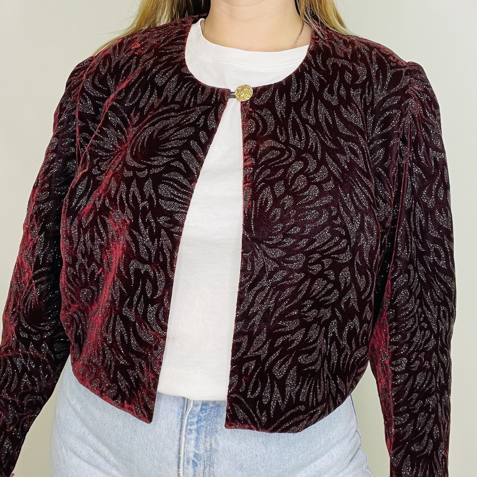 Vintage 80s 90s Velvet Encrusted Embossed Bling Sparkle One Button Cardigan L/XL