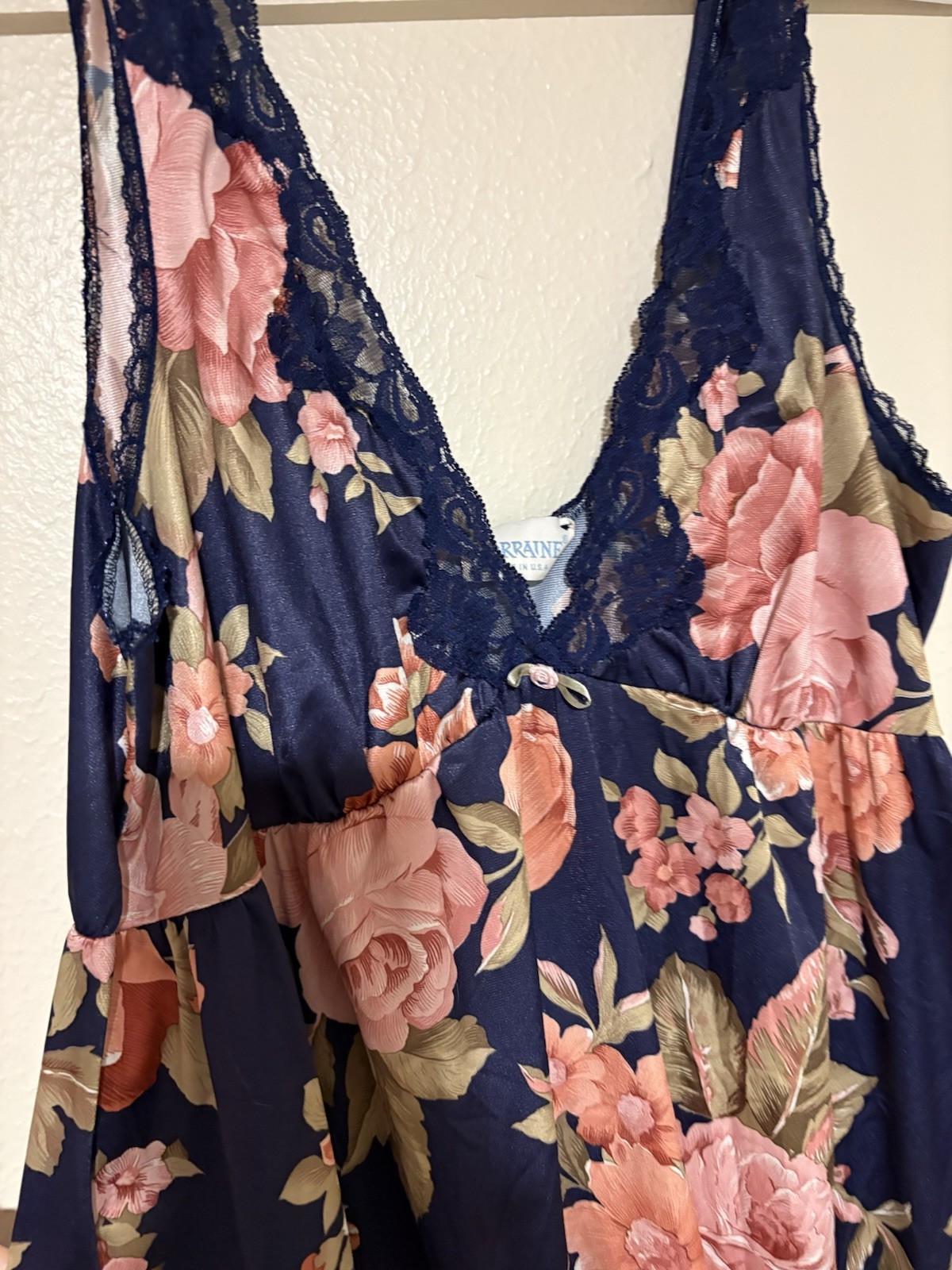VTG Sexy 70s Lorraine Womens S Nylon Nightgown Retro Floral Blue Long Slip Dress
