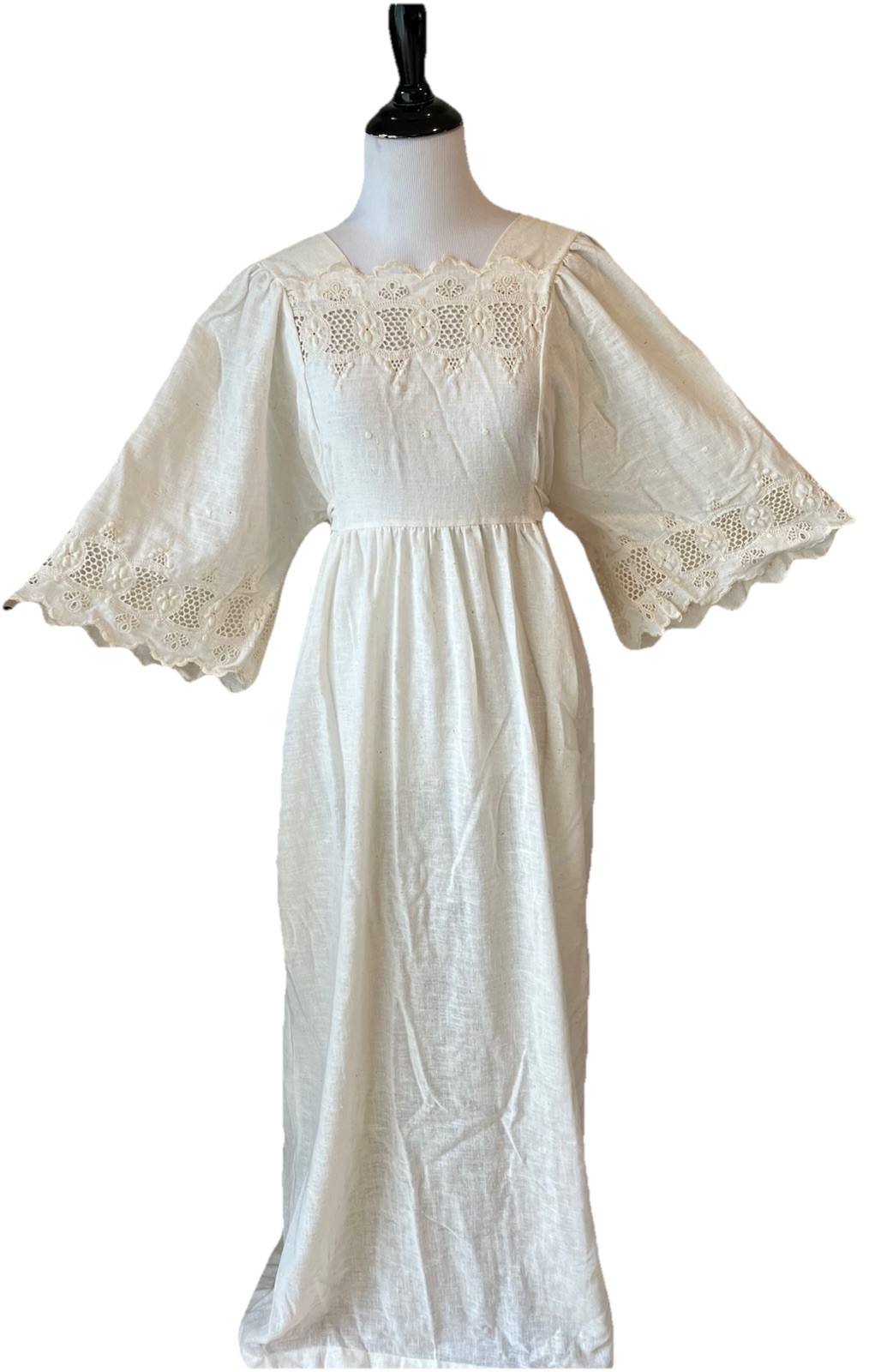 Vintage 70s Kaftan Dress Eyelet Cotton Blend Size L Gauzy Goddess Prairie USA