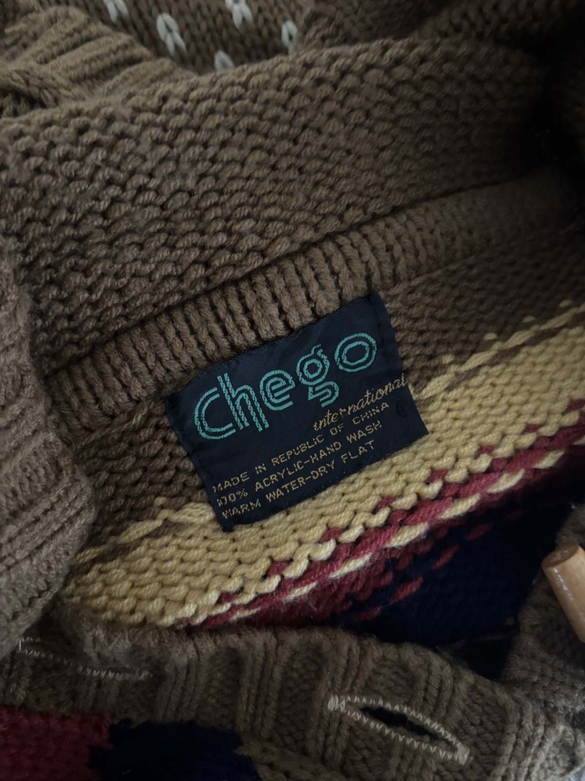 Vintage 1970’s CHEGO Acrylic Hooded Pullover Sweater Nordic Design M Neutrals