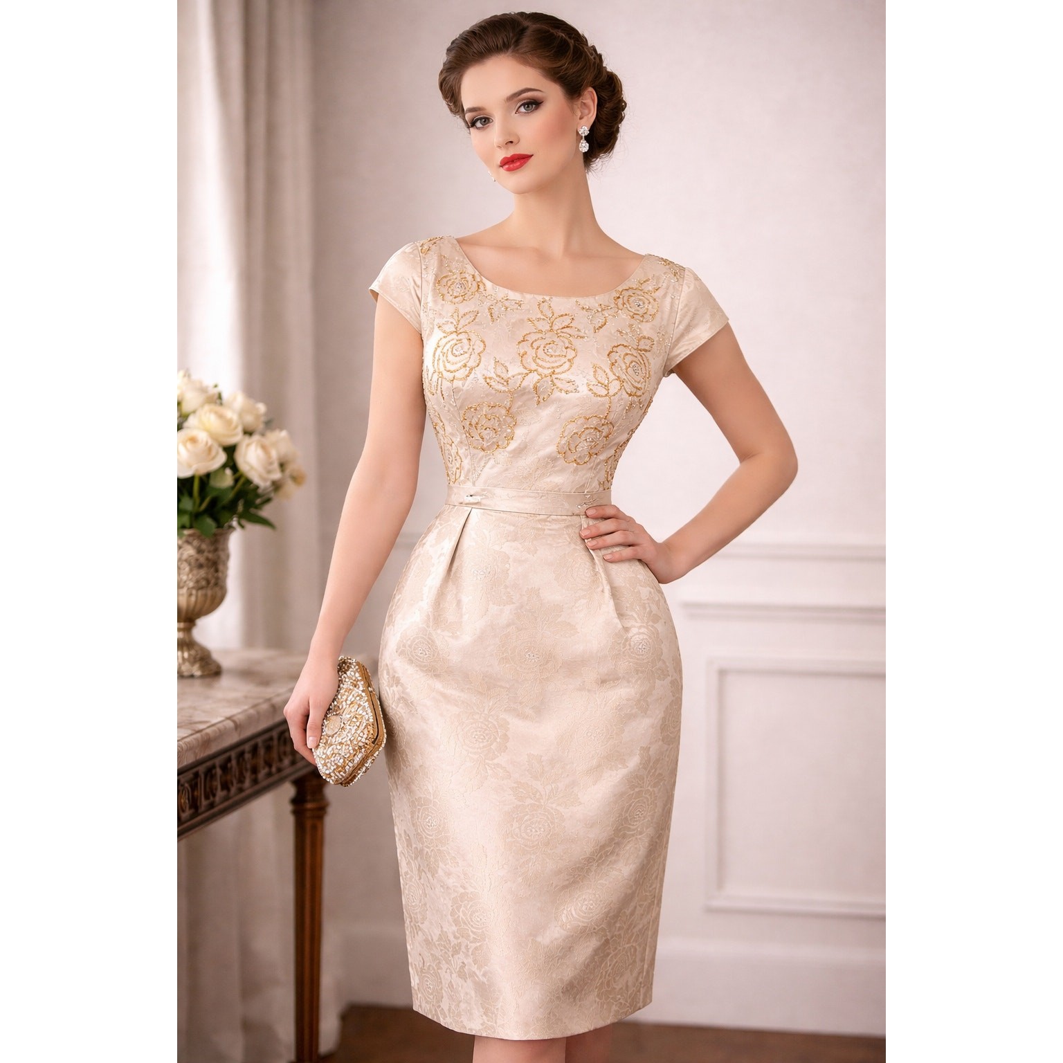 VTG 1950s Beige Damask Bombshell Cocktail Dress Glitter Bodice VLV Hourglass