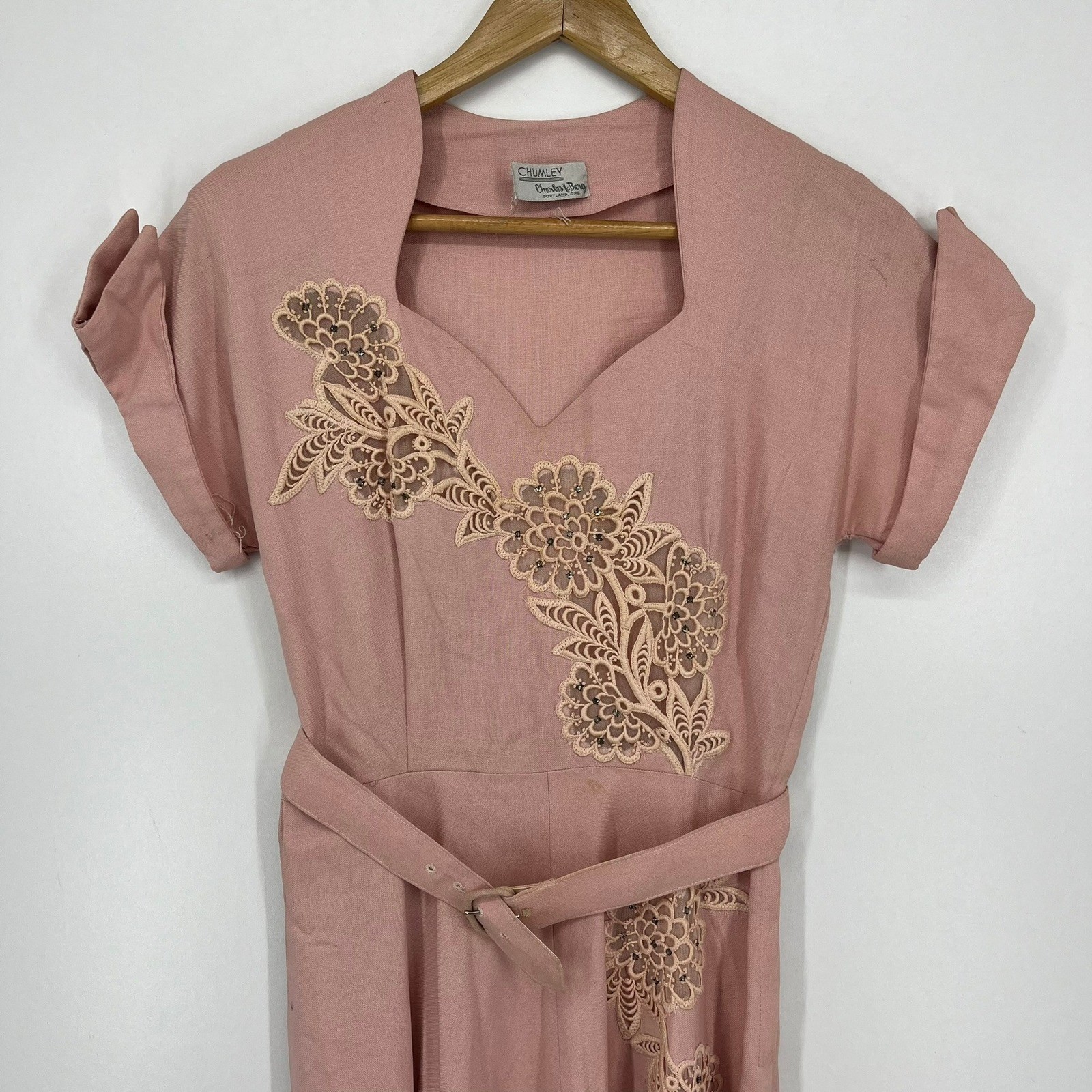 Vintage Chumley Charles F Berg Rose Pink Lace Applique Belted Dress 1950s Retro