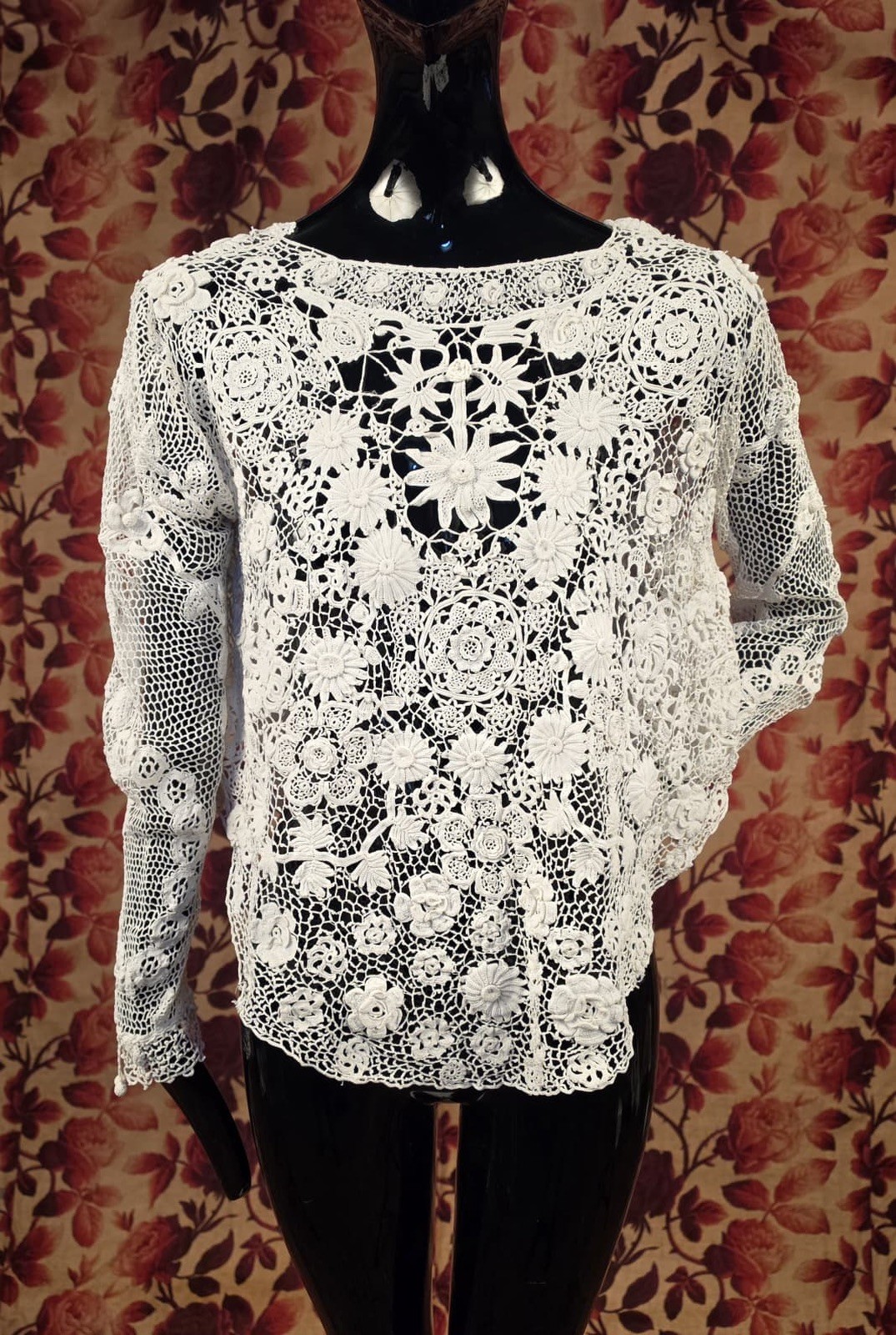 HAND MADE ANTIQUE EDWARDIAN IRISH CROCHET LACE BLOUSE W DIMENSIONAL FLORALS