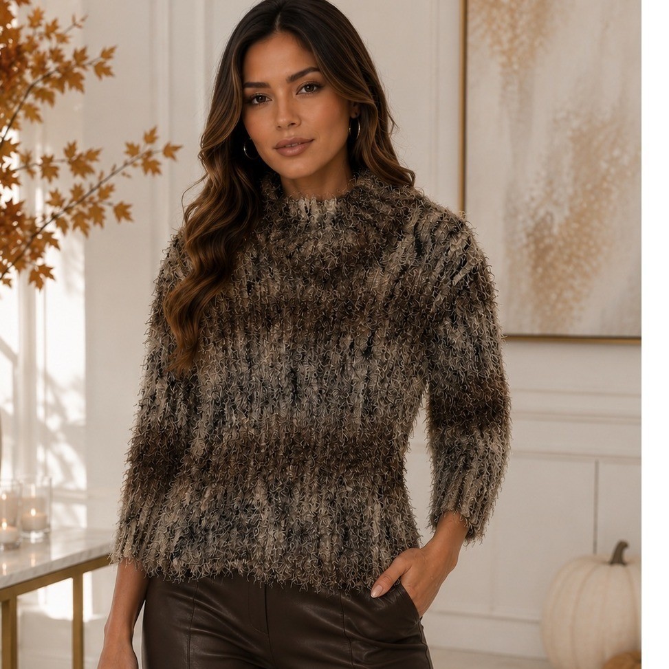 Jacobson’s Vintage Eyelash Knit Sweater Brown Black Fuzzy Mock Neck Large