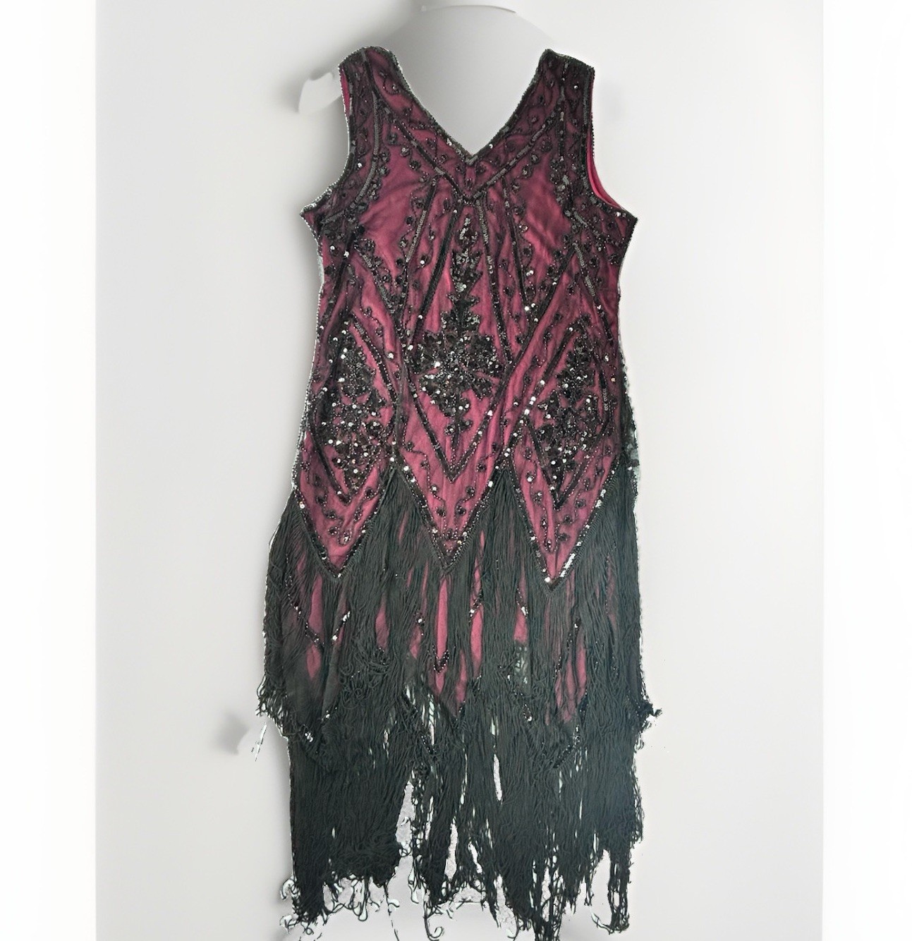 1920s Flapper Great Gatsby Dress, Costume V-Neck Sequin Beaded Sz XXL Black Red