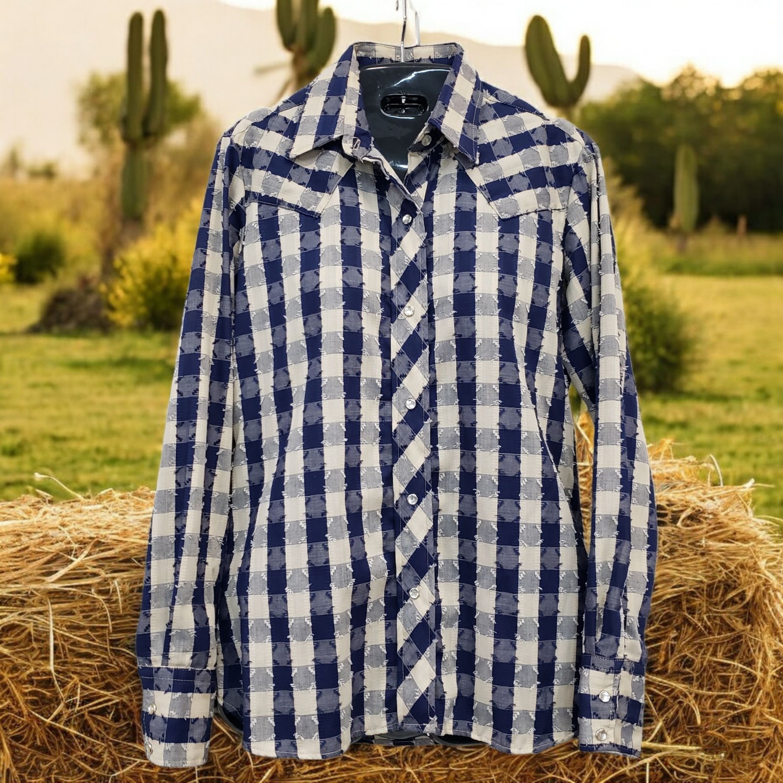 Vtg Tem Tex Pearl Snap Western Shirt Blue White Eyelash Plaid Women’s Sz 10