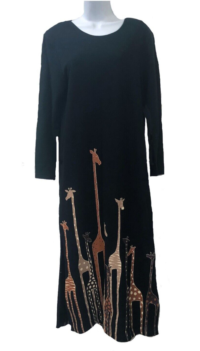 Cite Vintage Novelty Maxi Dress Black Color Giraffe Print U.S.A. 100% Cotton SM