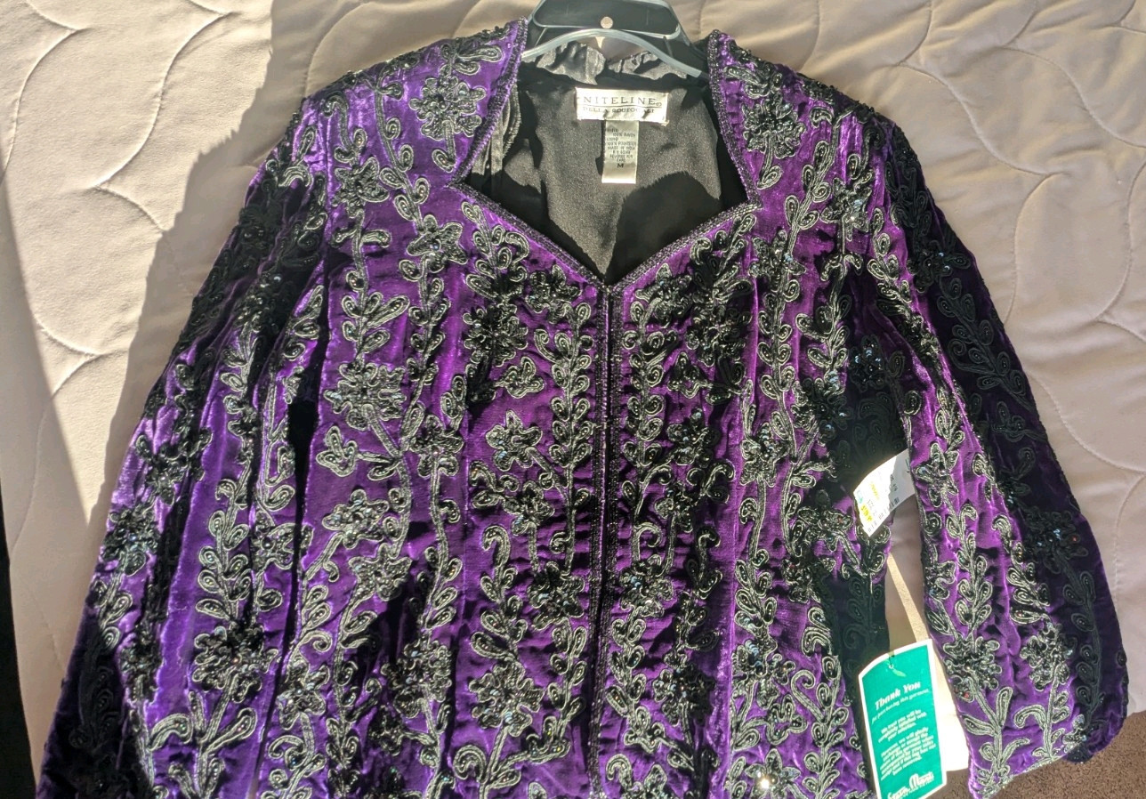 Vintage Niteline Della Roufogali Purple and Black Beaded Jacket Medium NWT