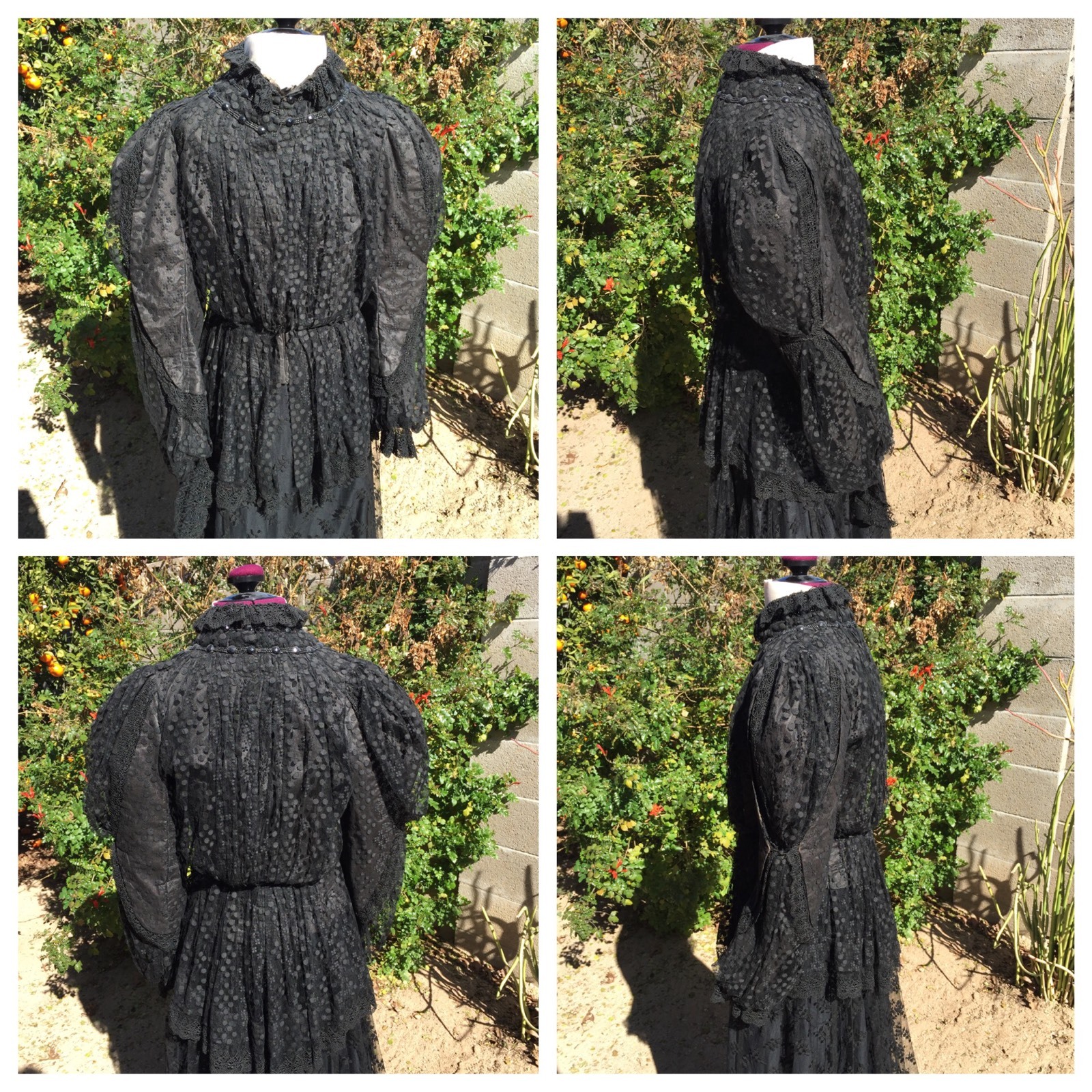 Edwardian 3-Pc Dress Black Lace Beads Boned Shirtwaist Bodice Skirt Top Antique