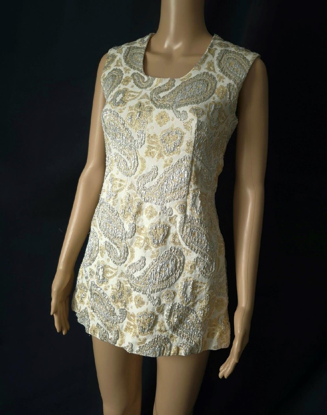 MOD METALLIC GOLD & SILVER PAISLEY 1960s Vintage TUNIC TOP / MICRO MINI DRESS