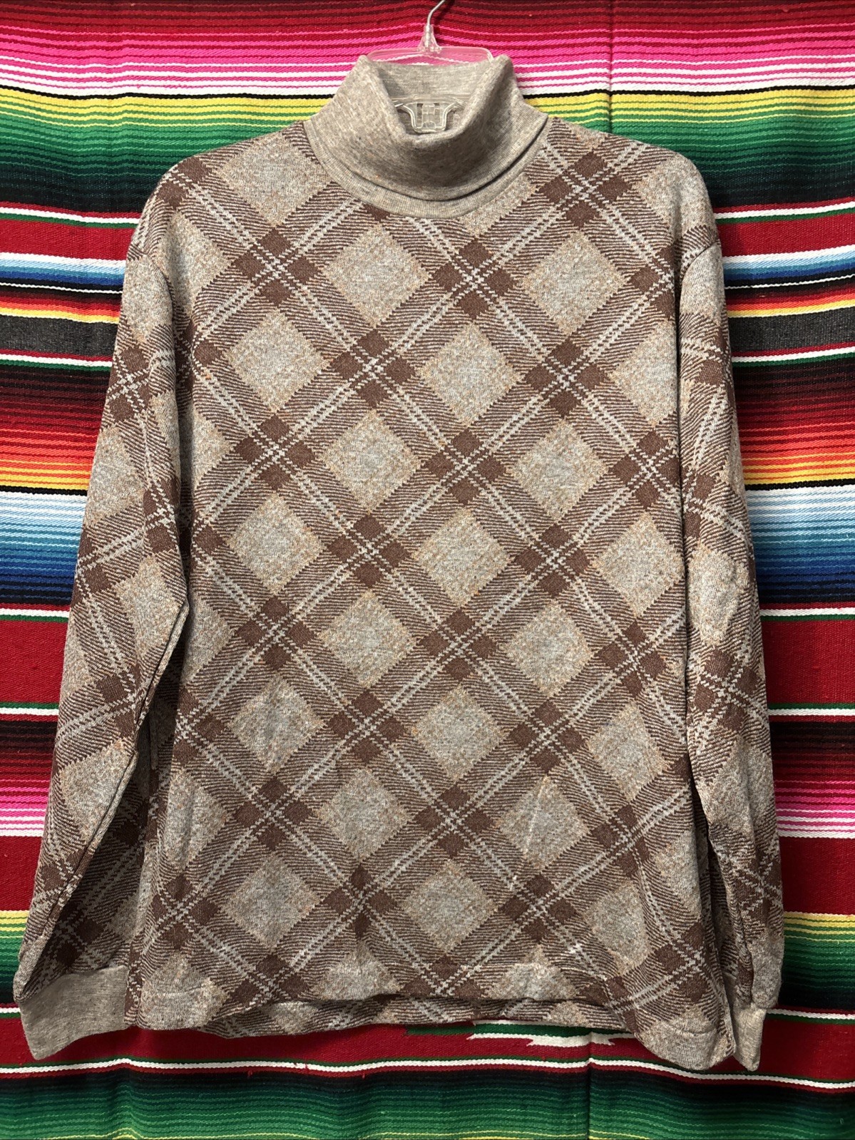 Vintage 70’s Cotton Blend Plaid Turtle Neck Sweater size L N.O.S Unisex