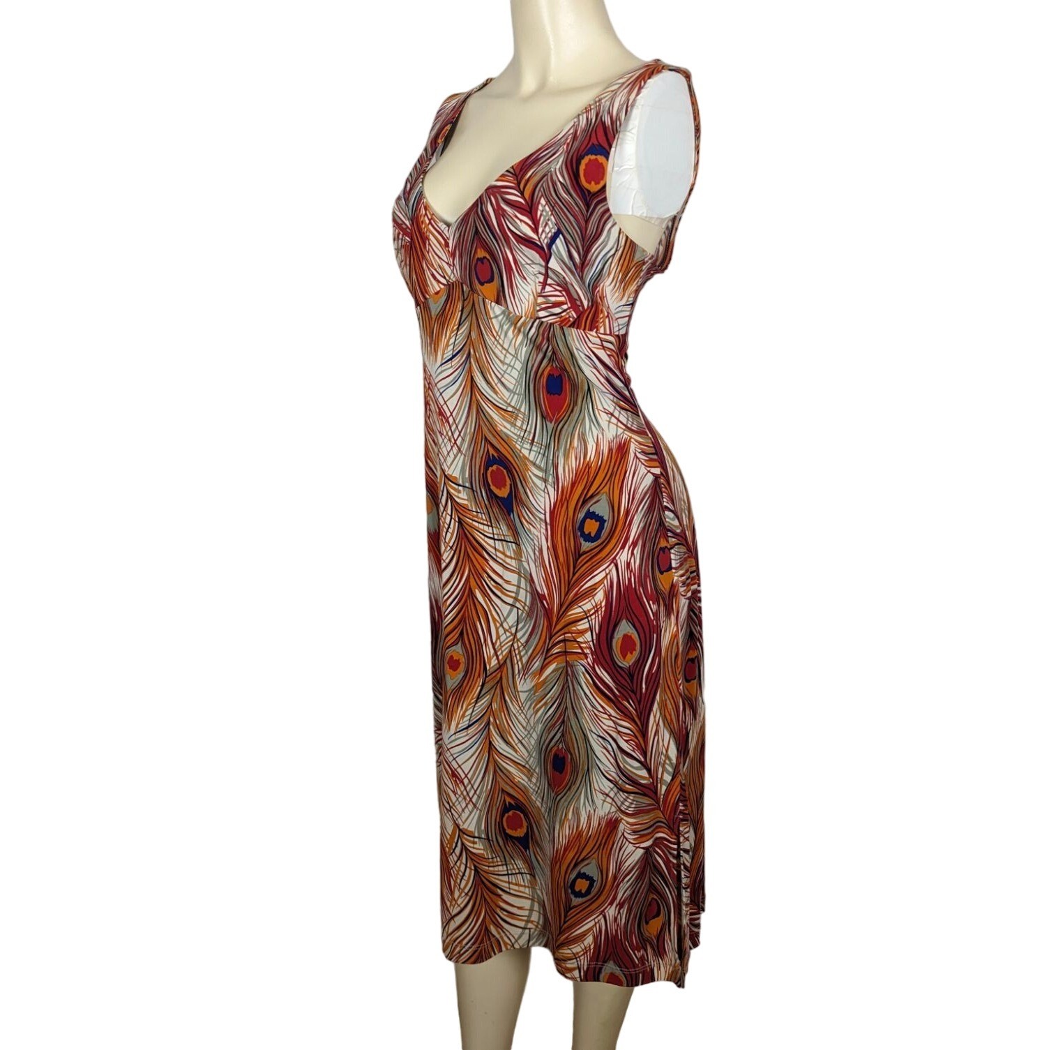 BCBG Dresses Large orange blue Peacock Feather print Vintage Empire Waist Y2K